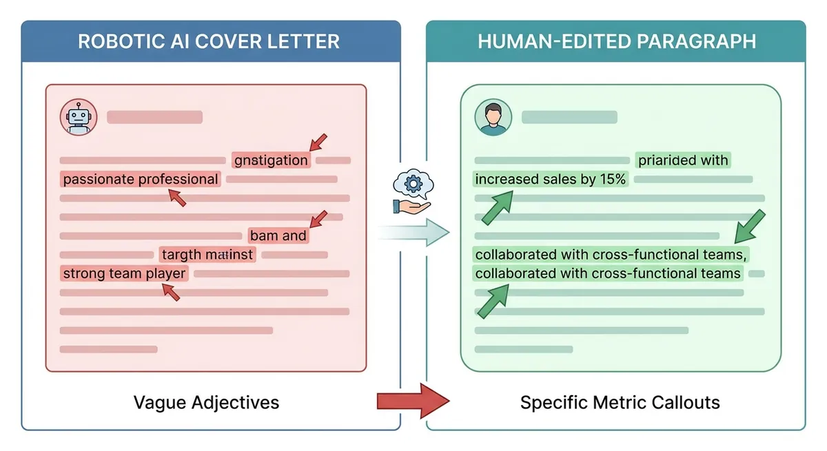 A side-by-side visual of a robotic AI cover letter paragraph highlighted in red with vague adjectives, next to a human-edited paragraph highlighted in green pointing out specific metric callouts and conversational tone