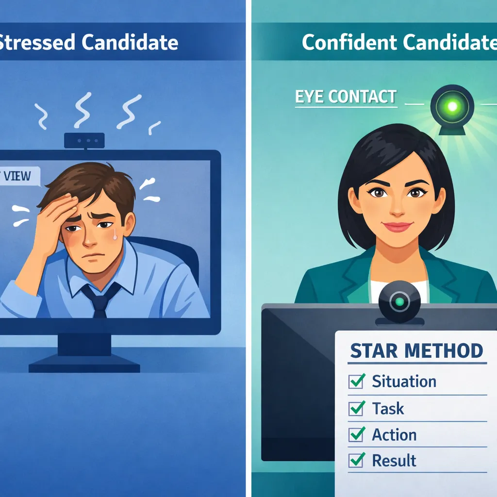 A split-screen diagram showing a stressed candidate looking at their own video feed on the left, compared to a confident candidate looking directly into the glowing green webcam light on the right with a visible STAR method checklist next to their monitor.