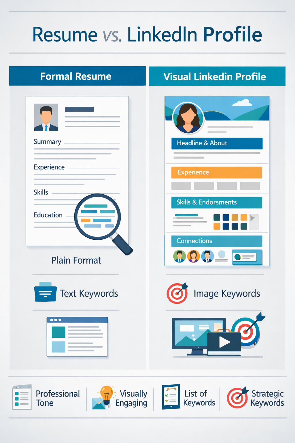 A side-by-side visual comparing a formal resume document with a dynamic, highly visual LinkedIn profile, highlighting the differences in tone, formatting, and keyword placement.