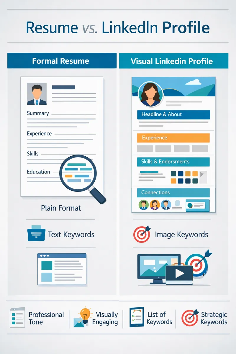 A side-by-side visual comparing a formal resume document with a dynamic, highly visual LinkedIn profile, highlighting the differences in tone, formatting, and keyword placement.