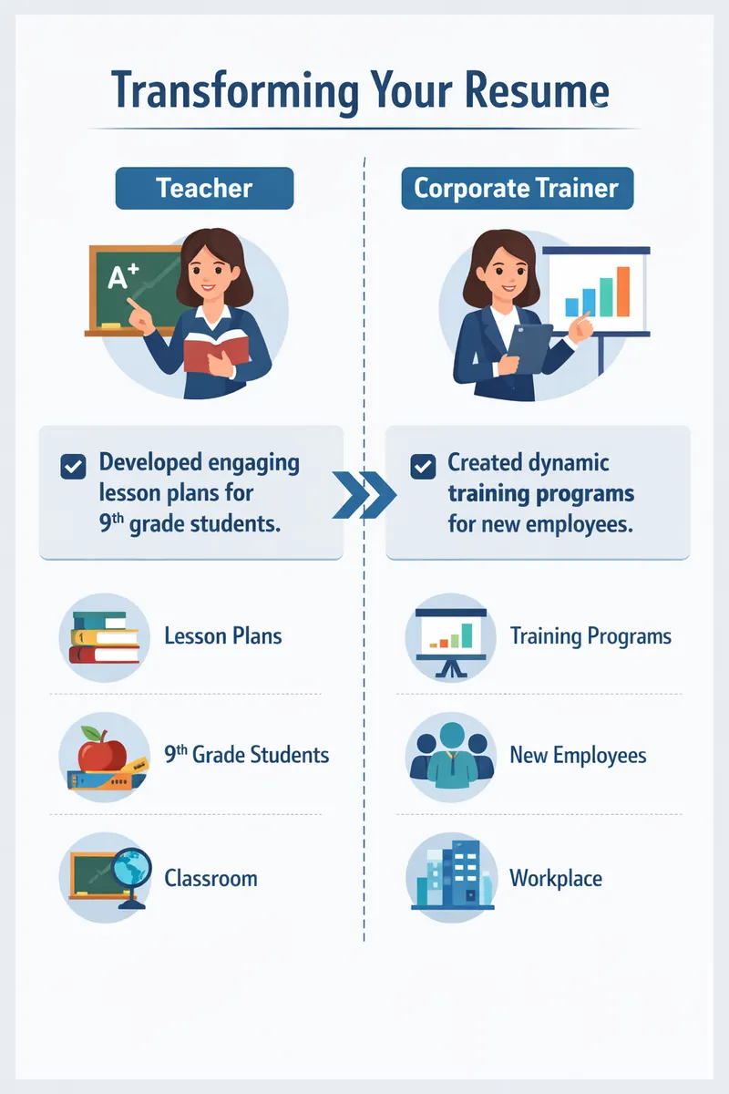 A split-screen visual showing a teacher's resume bullet point transforming into a corporate trainer bullet point by swapping out industry-specific keywords.