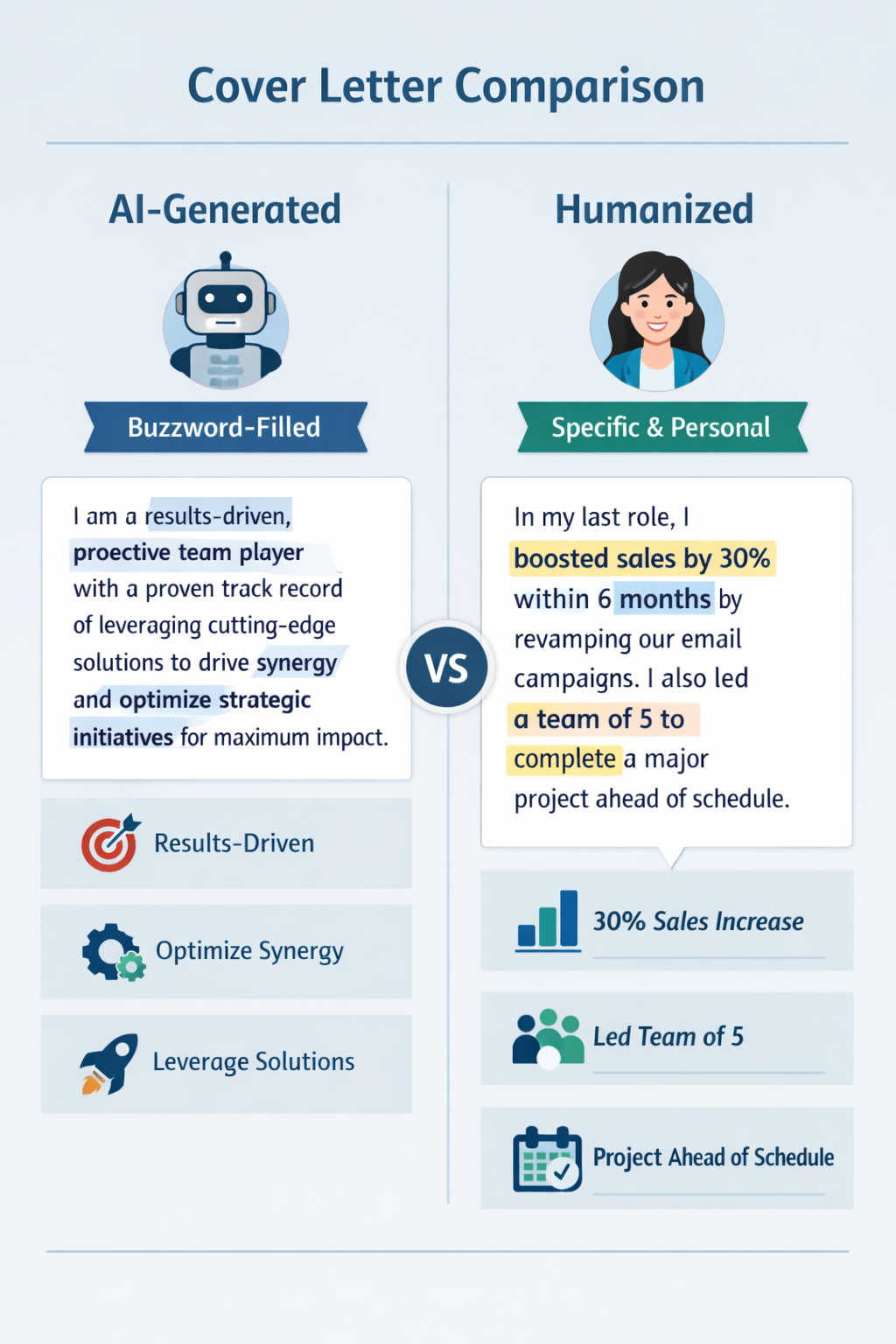 A side-by-side visual comparison of an AI-generated cover letter paragraph full of buzzwords versus a humanized paragraph with highlighted specific metrics and personal tone
