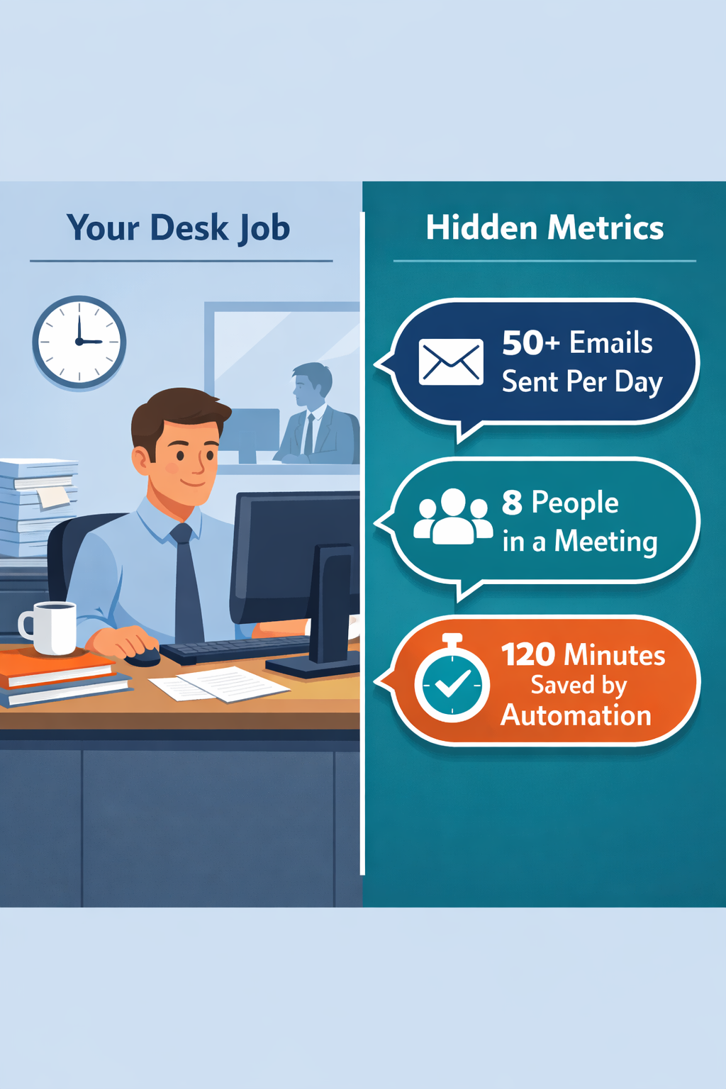 A split-screen visual showing a standard desk job on the left and call-out bubbles pointing to hidden metrics on the right, like emails sent per day, people in a meeting, and minutes saved by an automated task.