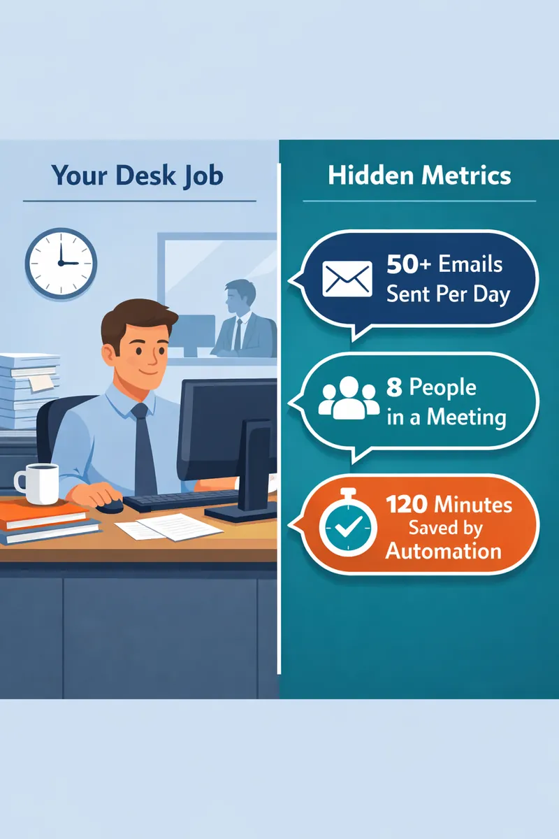 A split-screen visual showing a standard desk job on the left and call-out bubbles pointing to hidden metrics on the right, like emails sent per day, people in a meeting, and minutes saved by an automated task.