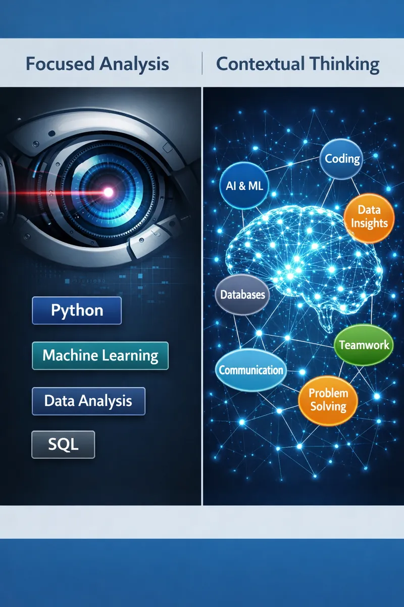 A side-by-side visual showing a robotic eye scanning exact isolated words on the left, versus an AI brain connecting related skill nodes in a glowing web of context on the right.