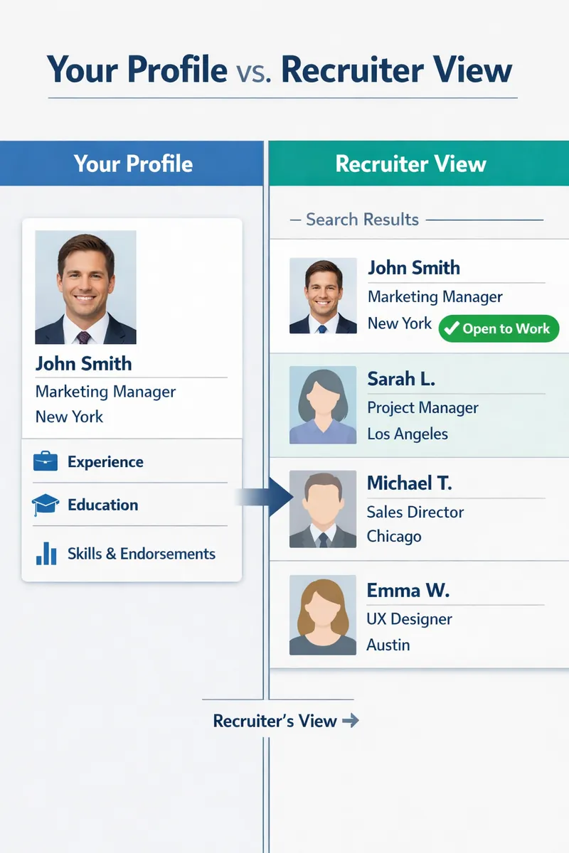 A split-screen visual showing a regular profile view on the left and what a recruiter sees on the right, highlighting the green 'Open to Work' signal in the recruiter dashboard search results
