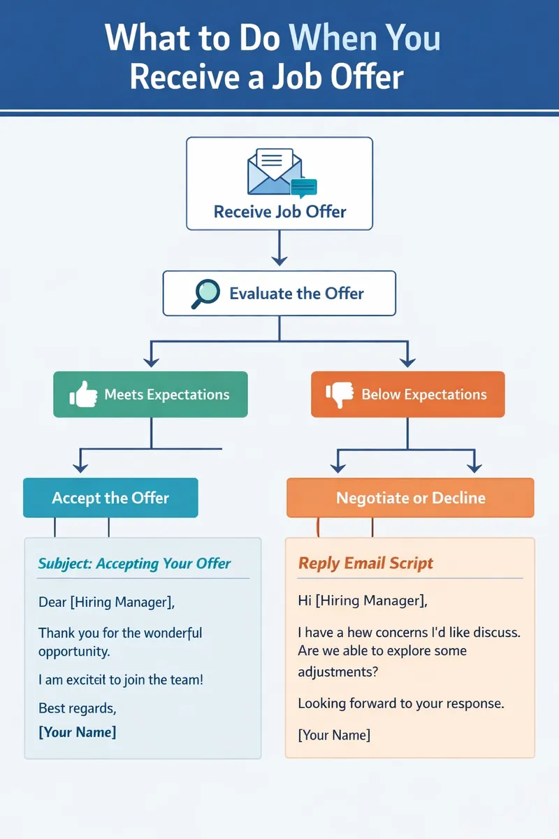 A flowchart showing the exact steps to take when you receive a job offer, branching into 'Meets Expectations' and 'Below Expectations' with email script prompts for each specific path.