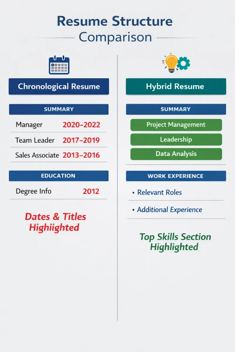 A side-by-side visual comparison of a traditional chronological resume structure versus a hybrid resume structure. The chronological side highlights dates and titles in red to show weakness for career changers. The hybrid side highlights the prominent top skills section in green.