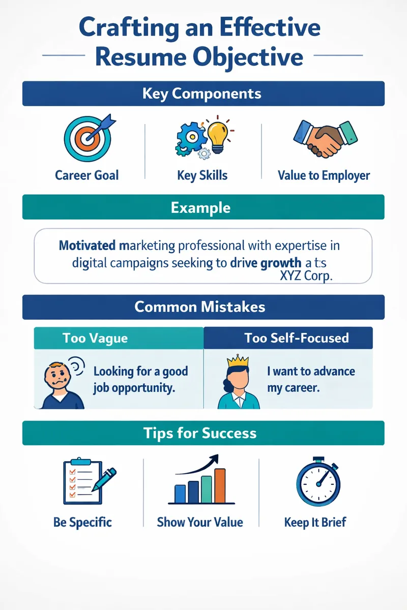 A visual summarizing the main components of an effective resume objective, including examples and common mistakes to avoid.