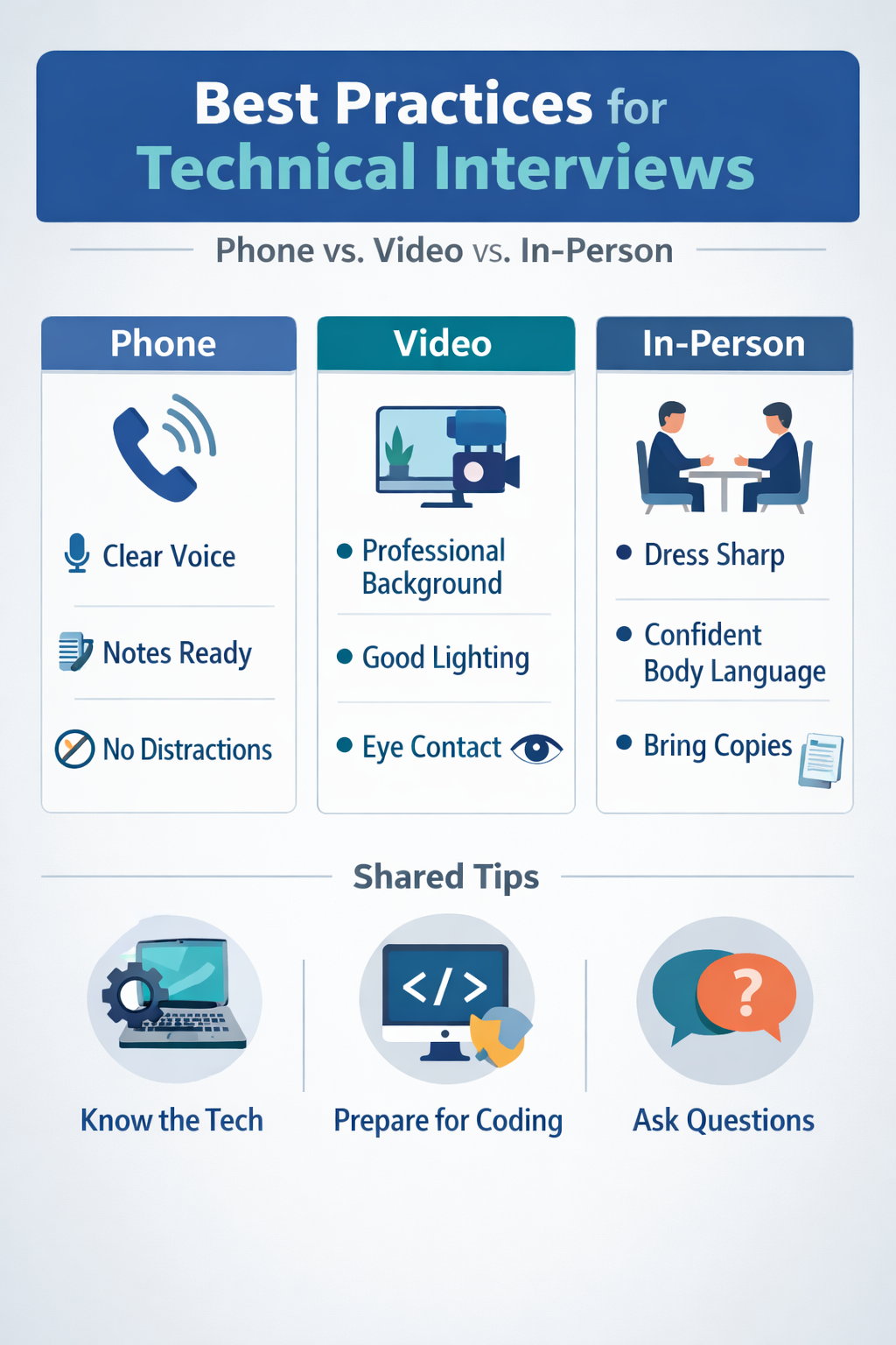 A comparison of best practices for phone vs. video vs. in-person technical interviews