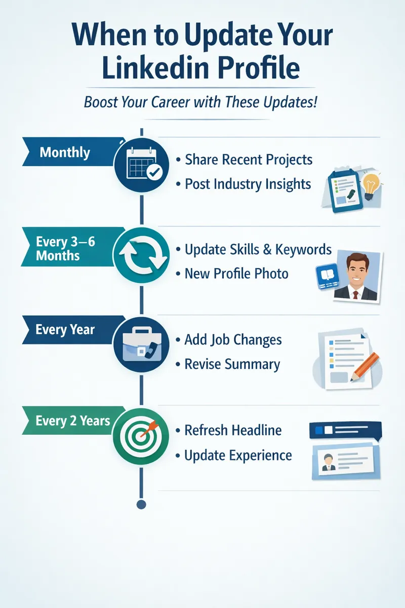 Timeline showing how often to update LinkedIn profiles along with examples of what to update for maximum effectiveness