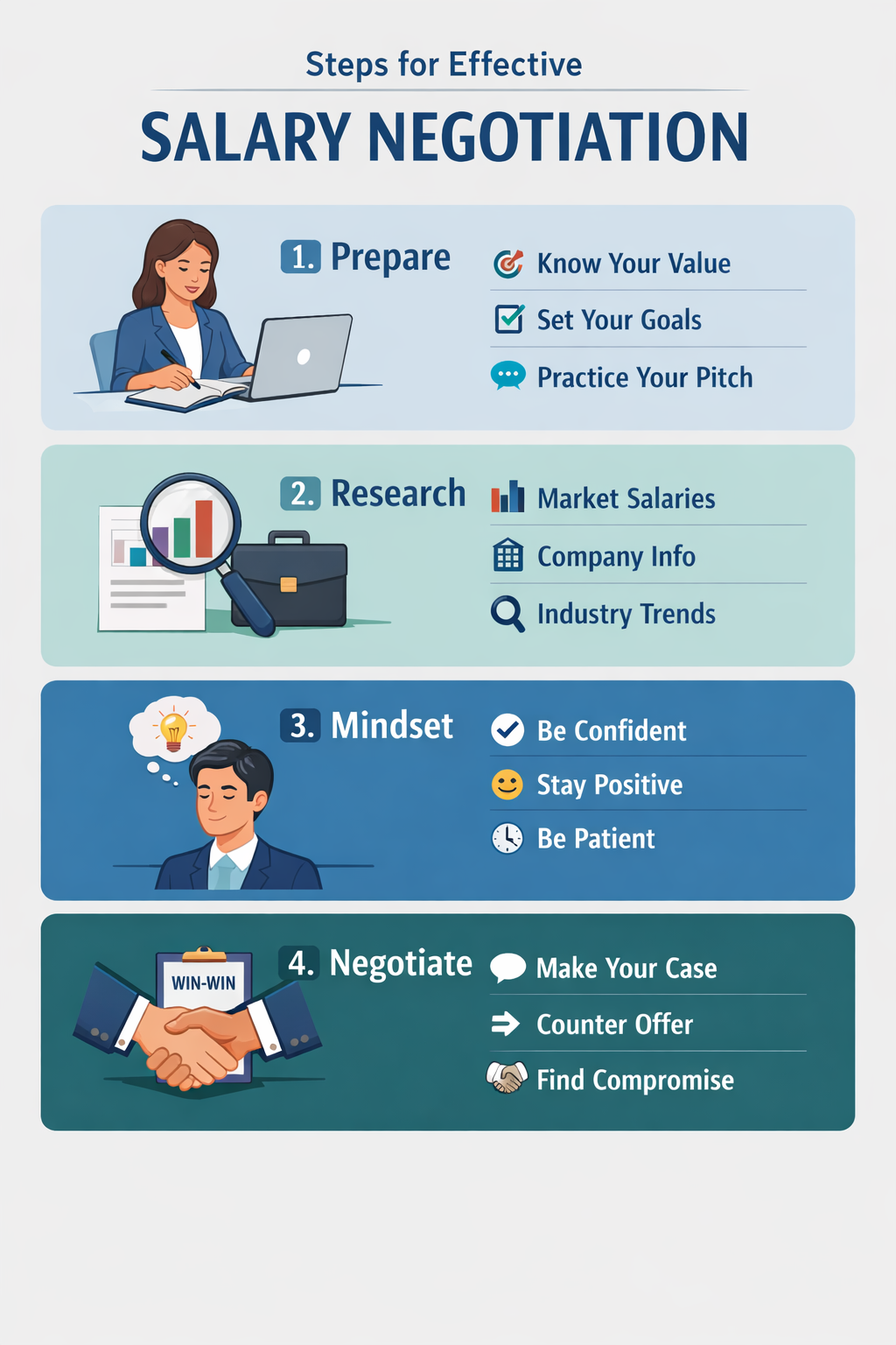 A visual detailing the steps for effective salary negotiation, showcasing preparation, research, and mindset techniques