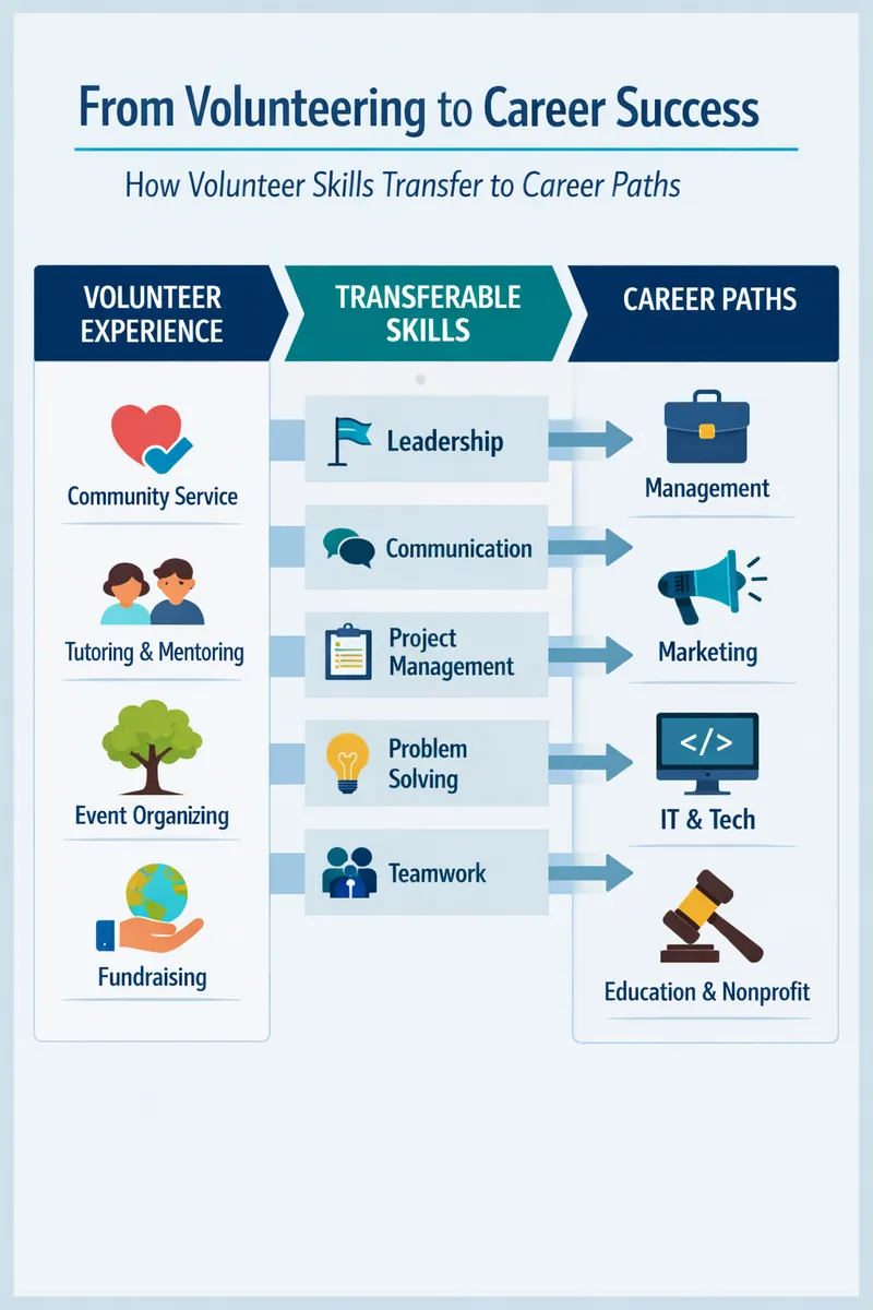 A visual representation showing how volunteer experience translates into transferable skills for different career paths.