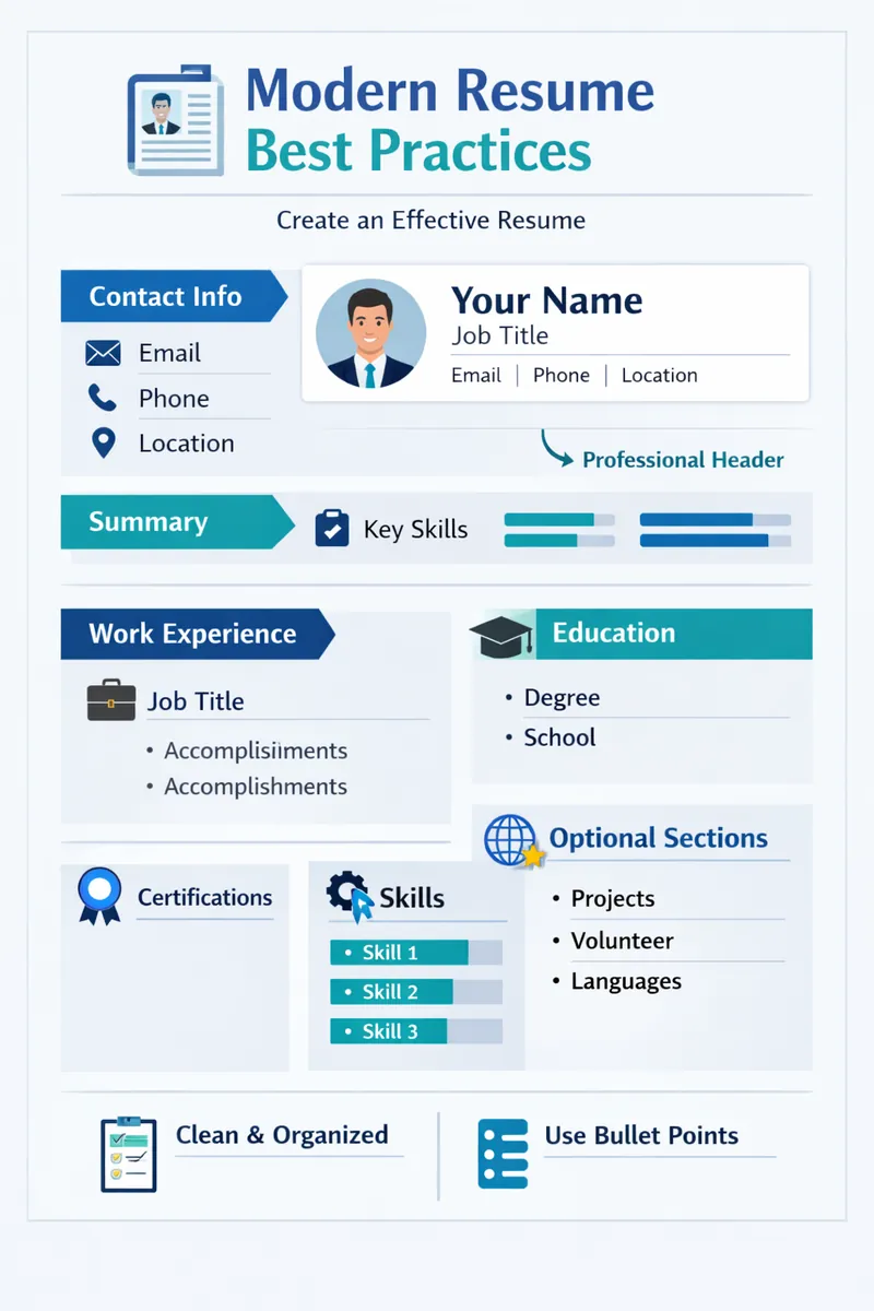 A visual representation of the modern resume format, showcasing best practices for layout and design.