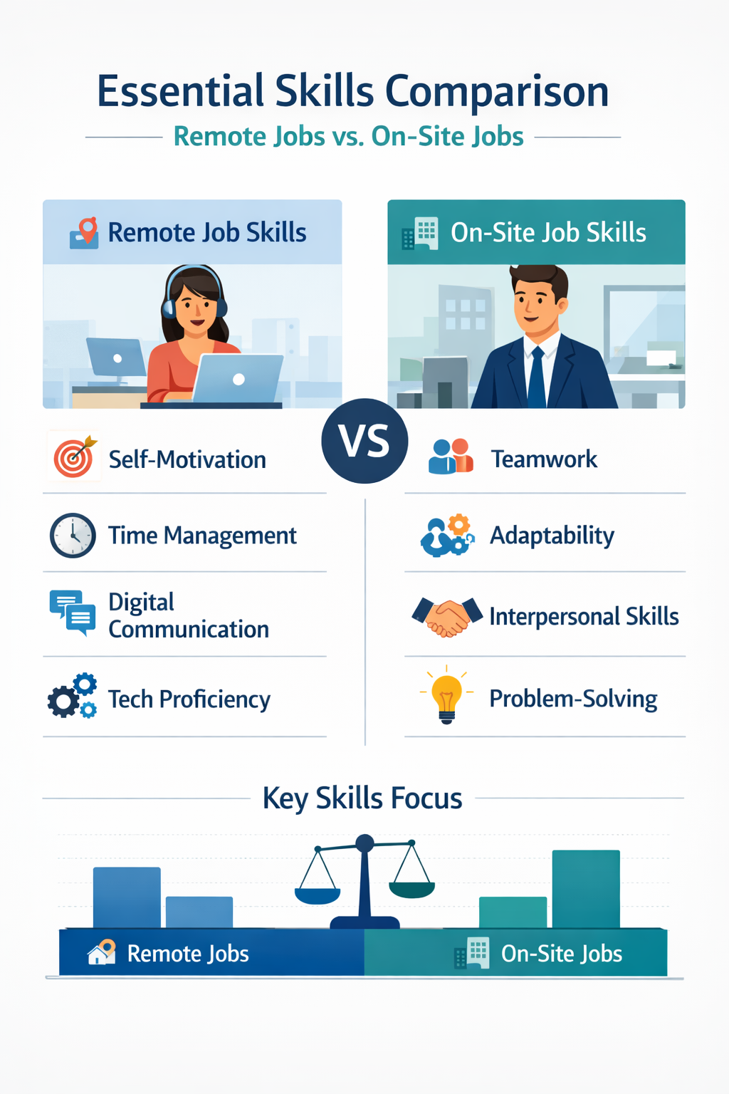 Visual showing essential skills comparison for remote jobs versus on-site jobs