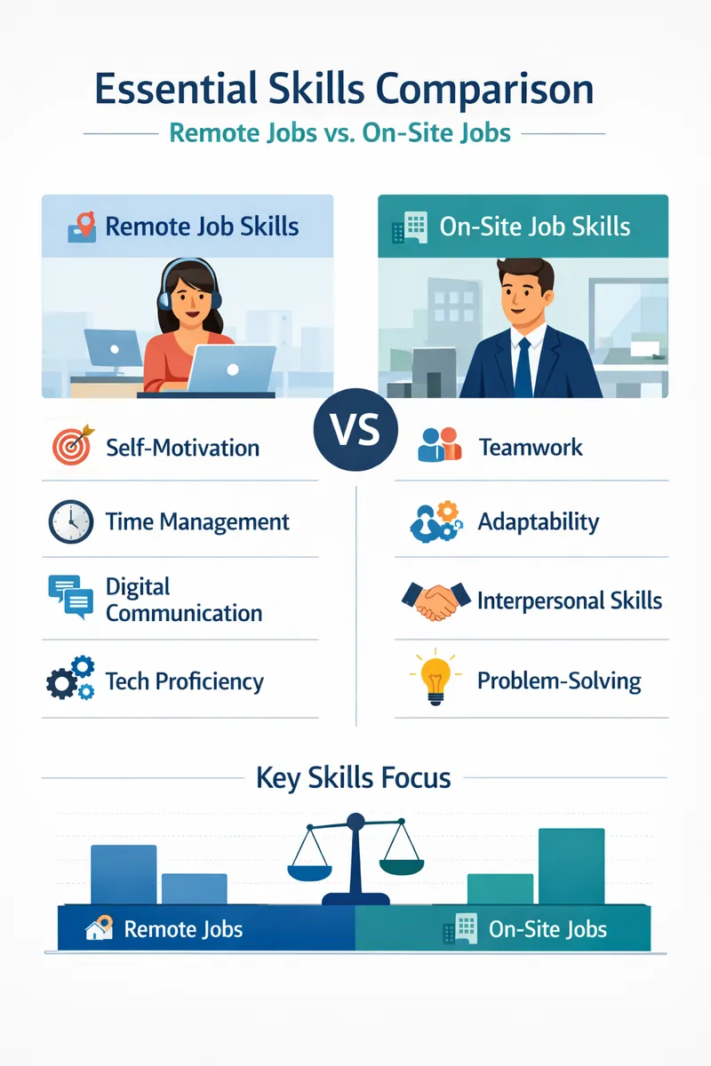 Visual showing essential skills comparison for remote jobs versus on-site jobs