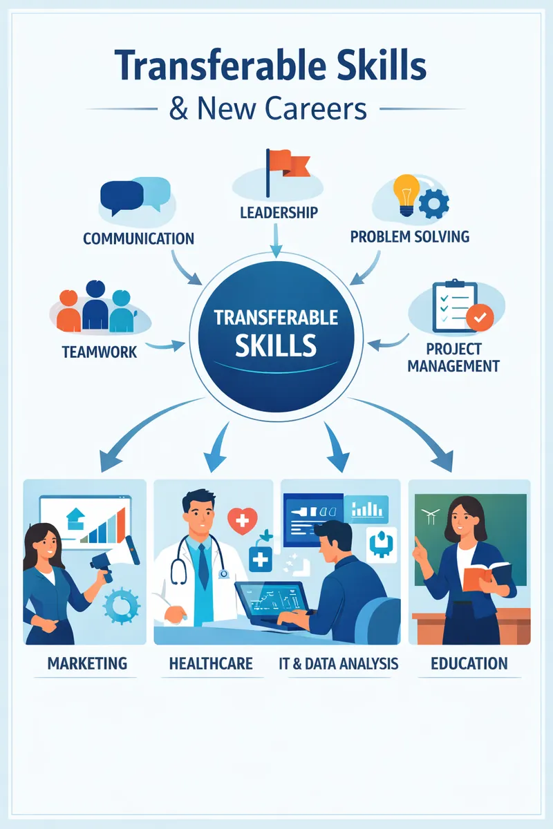 A visual representation of common transferable skills and how they apply to various new careers.