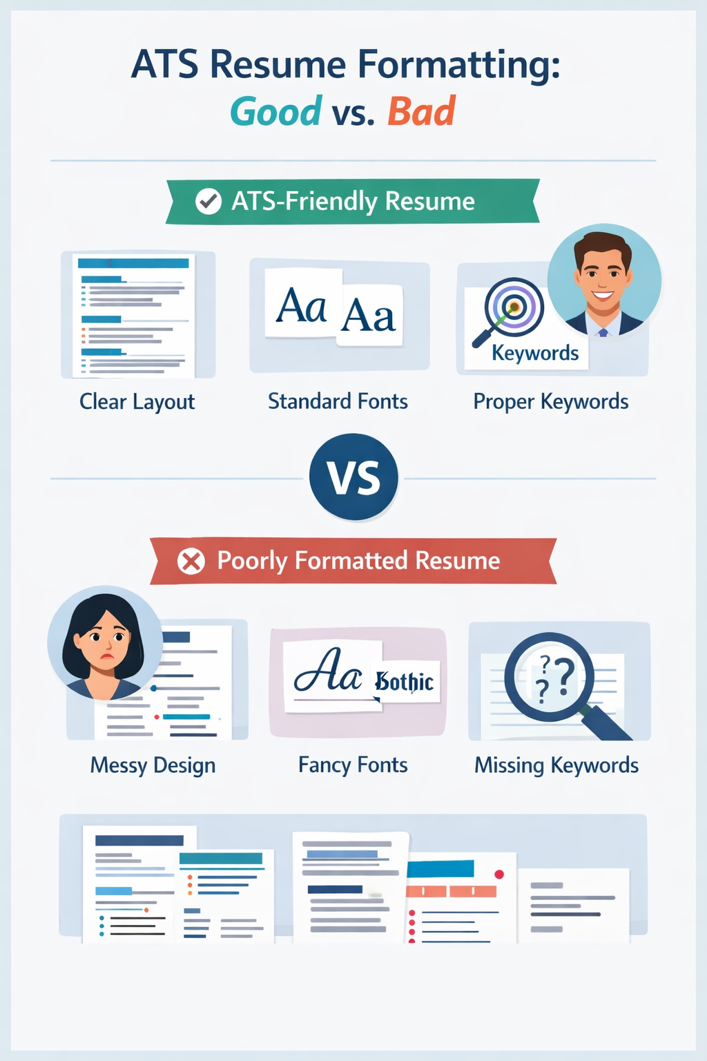 Visual representation of effective ATS resume formatting versus poor formatting choices