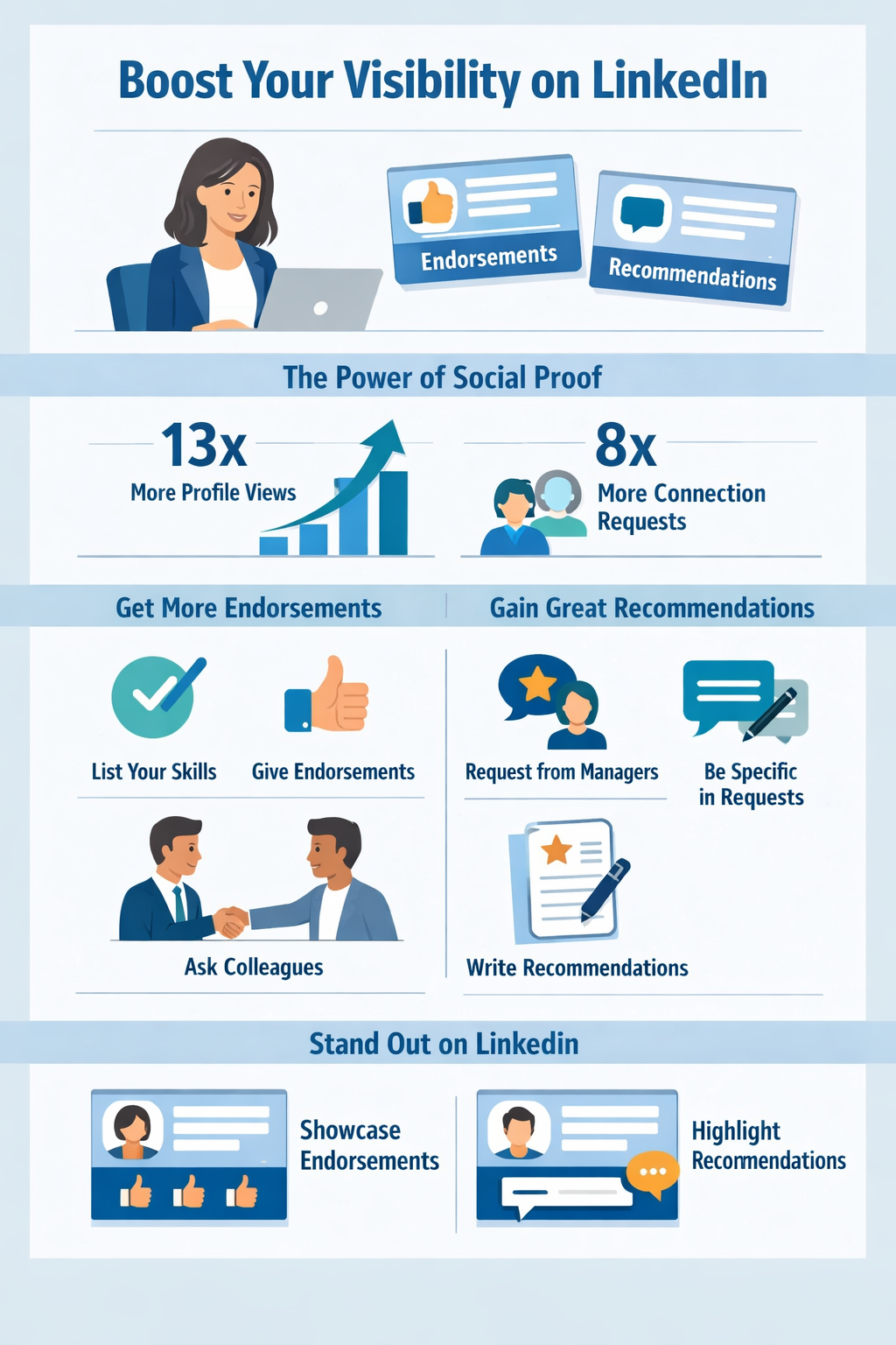 A visual representation of how endorsements and recommendations increase visibility on LinkedIn. This could include stats and tips on how to effectively use both features.