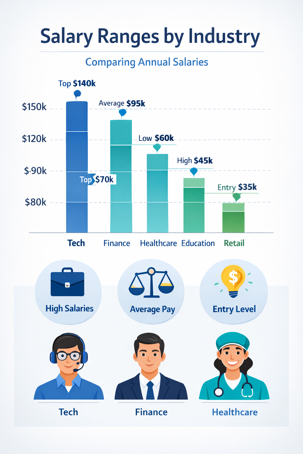 Visual representation of salary ranges across different industries highlighting key data points from the post.