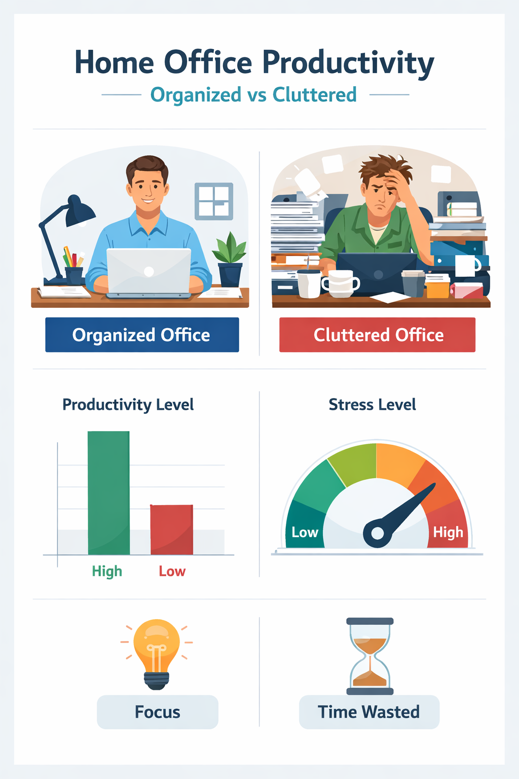 Visual representation showing the productivity impact of an organized home office compared to a cluttered one
