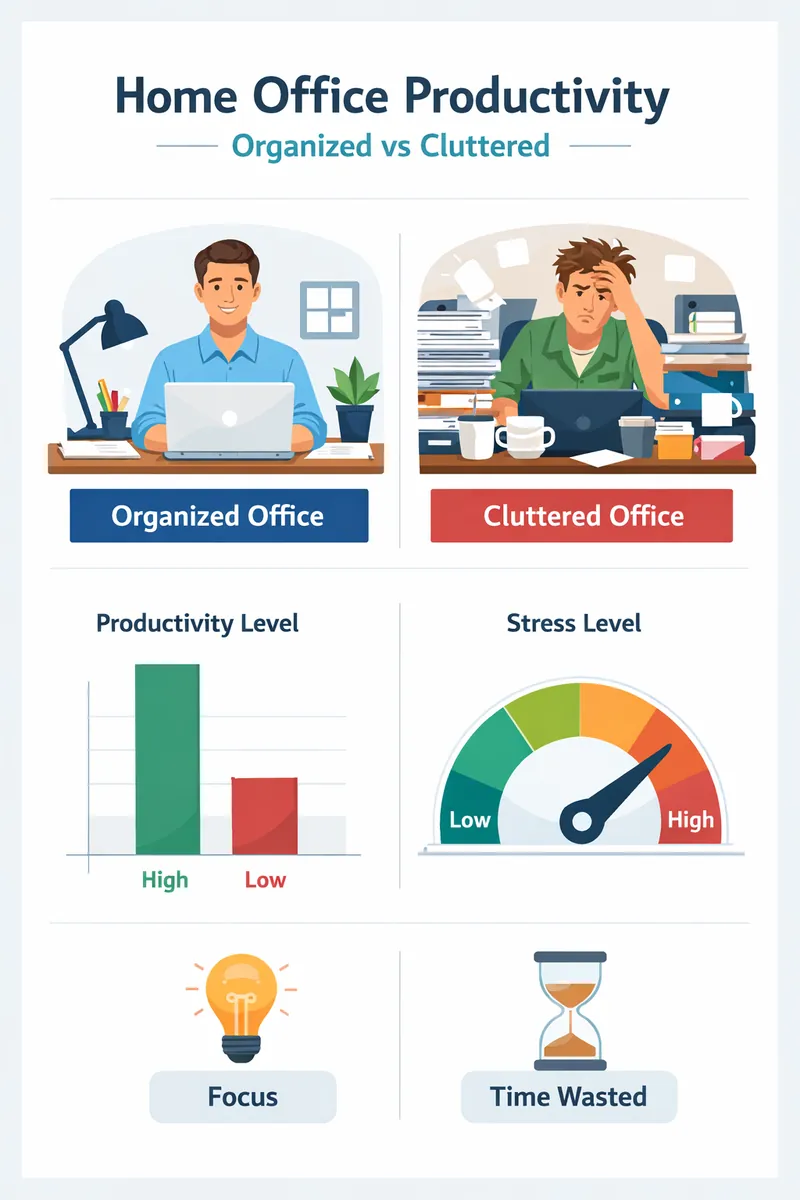 Visual representation showing the productivity impact of an organized home office compared to a cluttered one