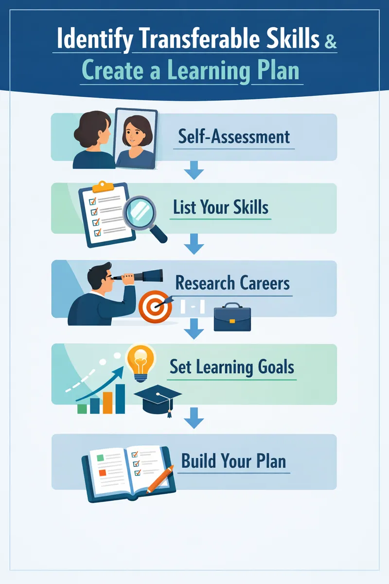 Visual representation of the steps to identify transferable skills and create a learning plan.
