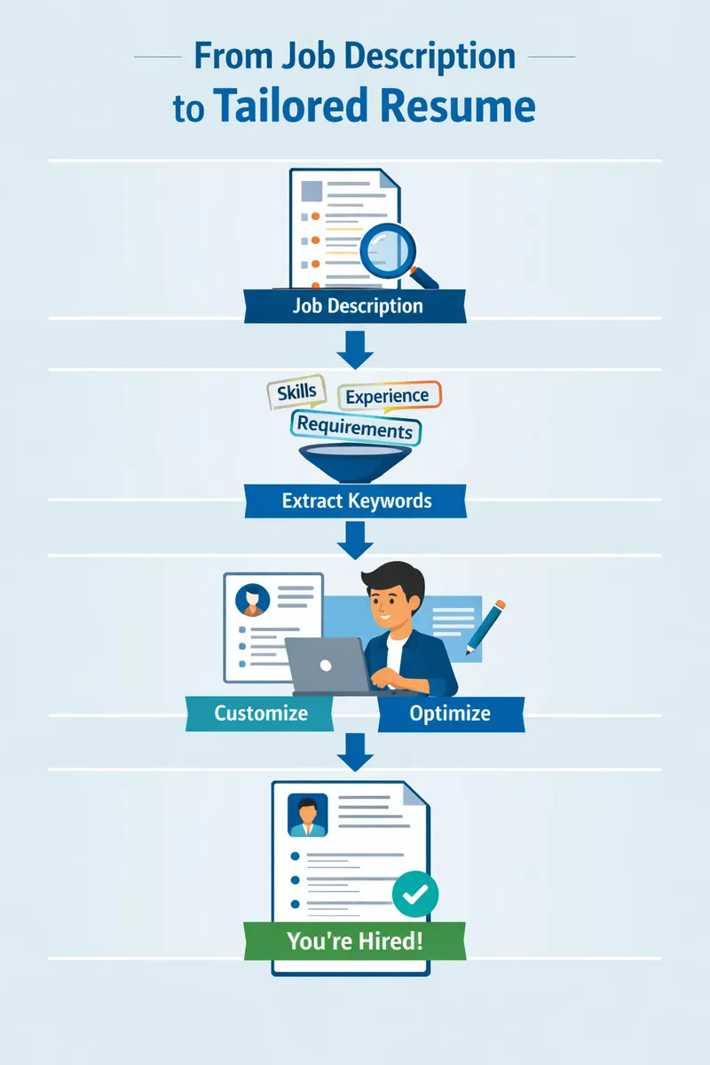 Visual representation showing the flow of how keywords from job descriptions can be transformed into a tailored resume.