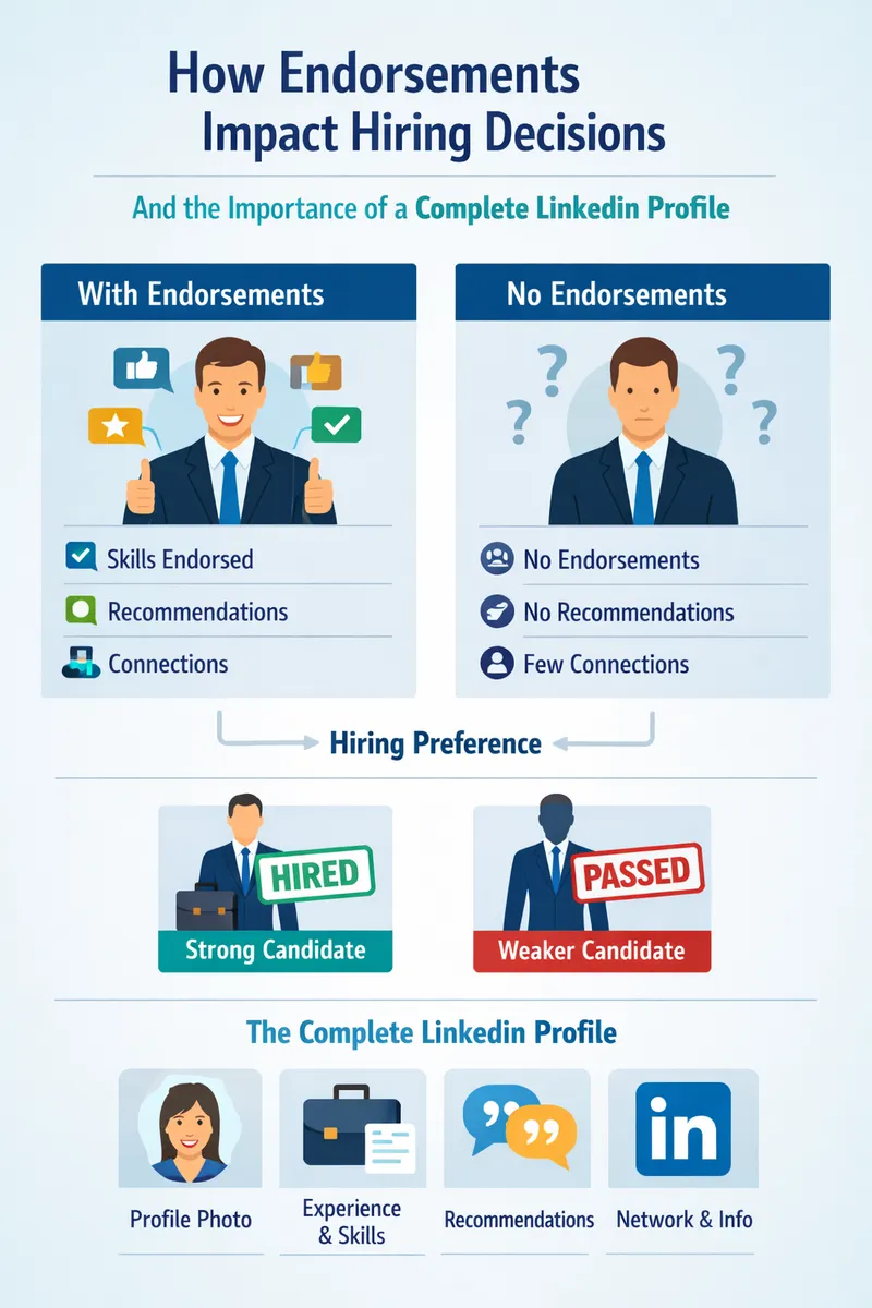 Visual representation of how endorsements impact hiring decisions and the importance of having a complete LinkedIn profile