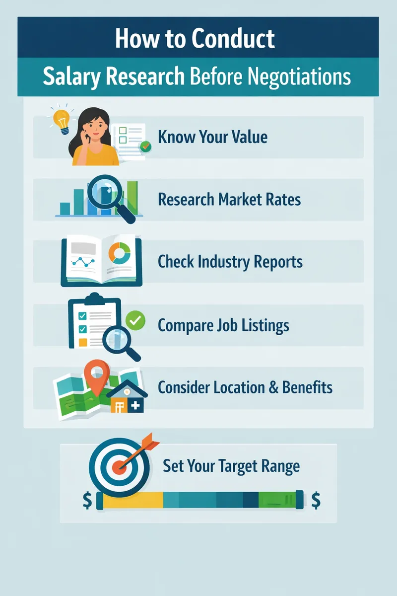 Visual showing a step-by-step guide on how to conduct effective salary research before negotiations