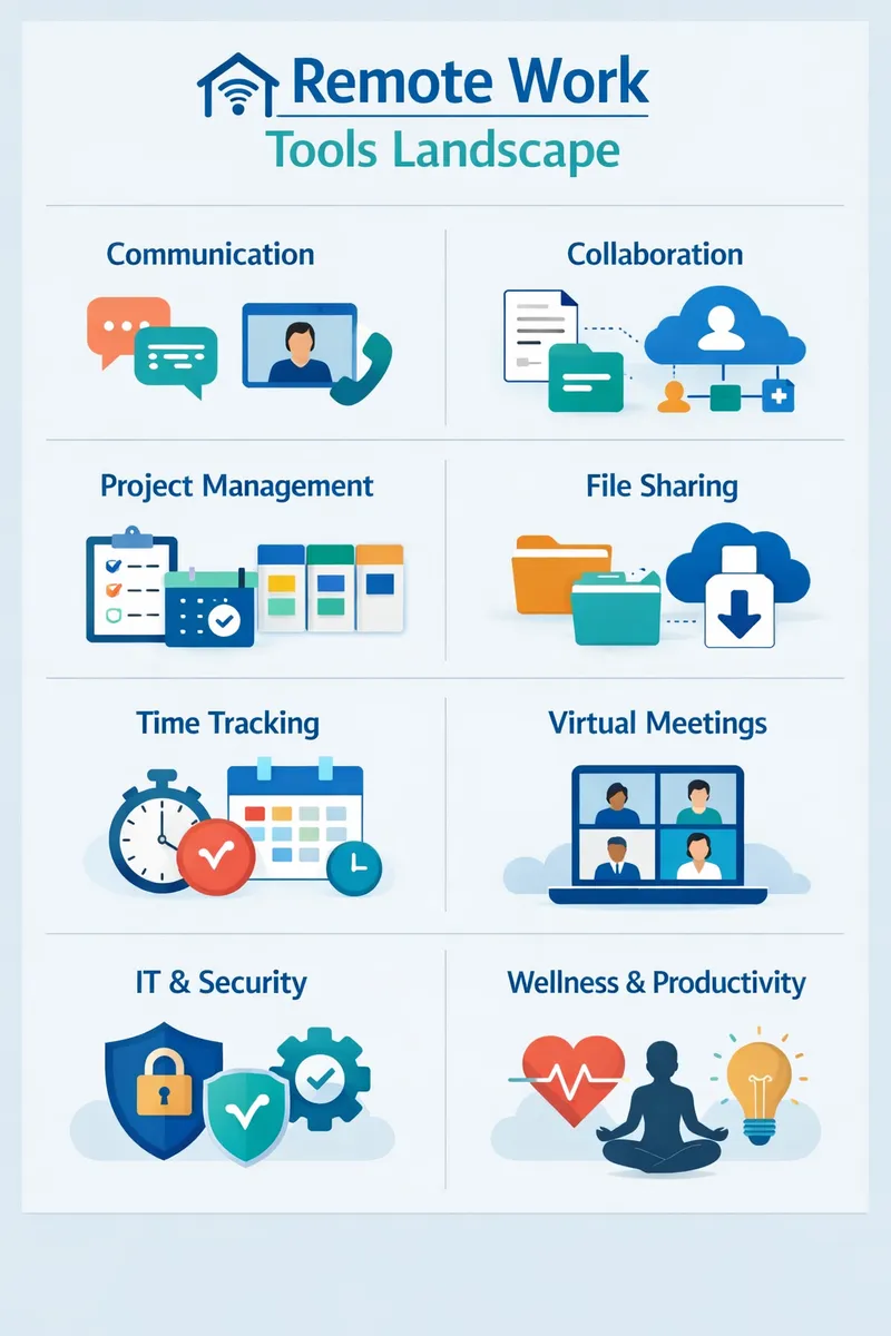 Visual representation of the tools landscape for remote work illustrating the tools mentioned above and their primary functions.