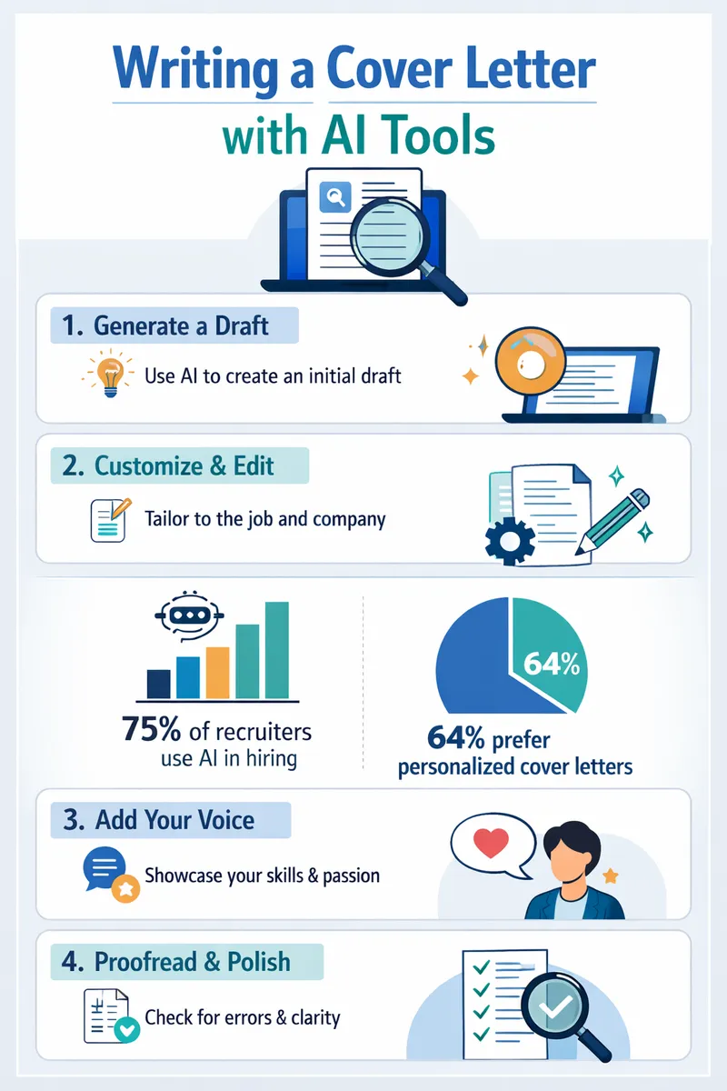 A visual highlighting the step-by-step process of writing a cover letter using AI tools, including statistics on hiring trends and tips for personalization.