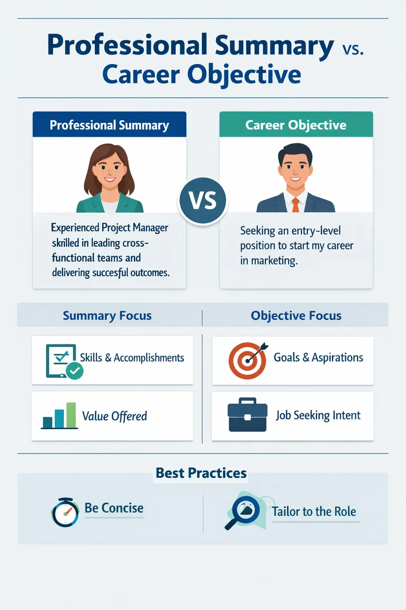 A visual representation comparing examples of professional summaries to objectives, emphasizing the difference and best practices for crafting each one.