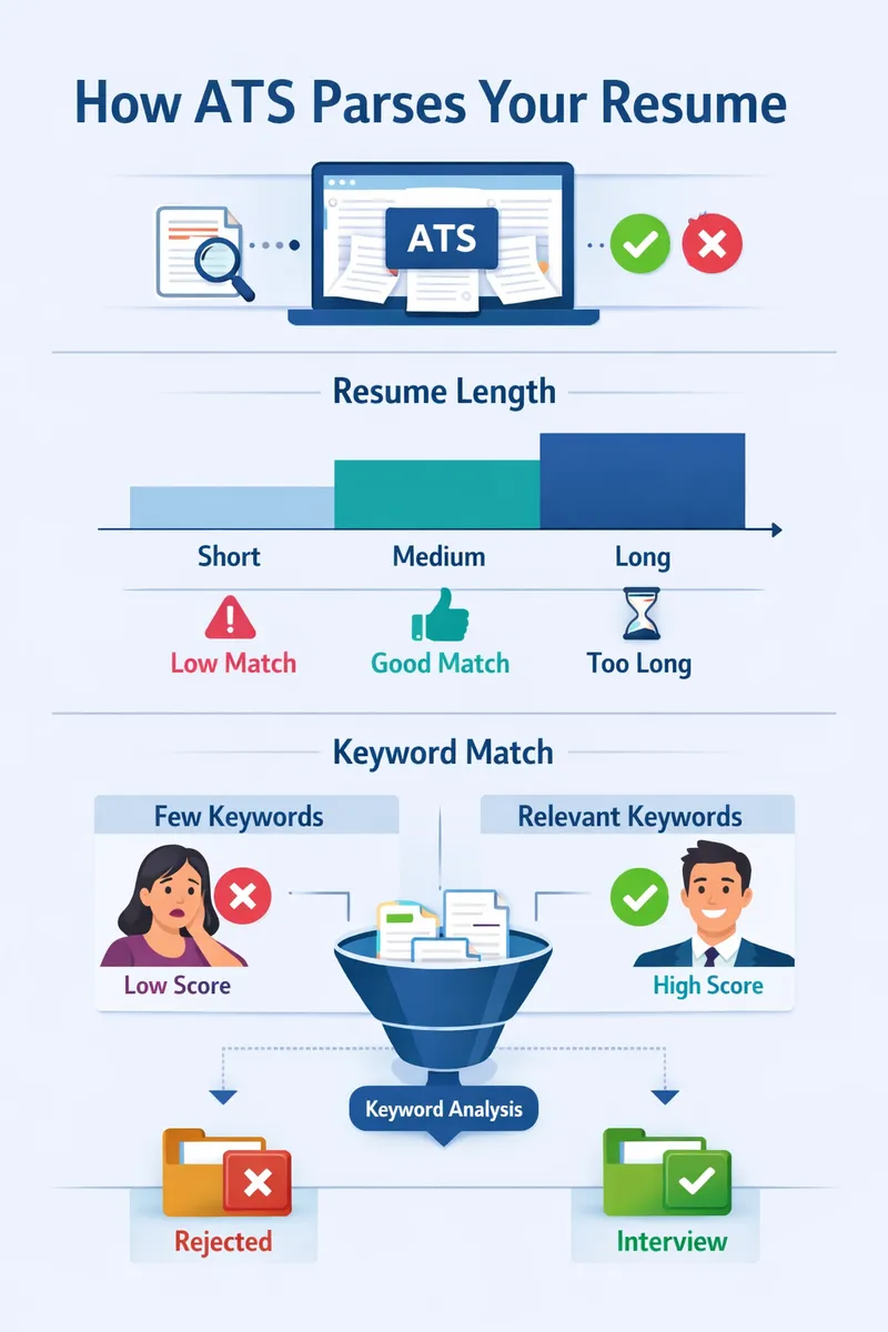 A visual representation of how ATS parses resumes based on length and keywords included