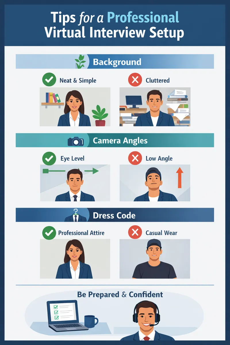Tips for creating a professional virtual interview setup, including background, camera angles, and dress code