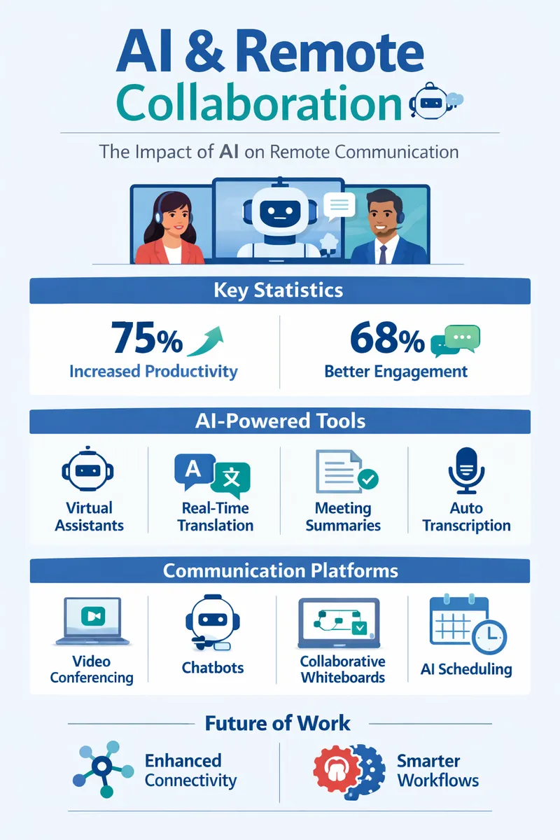 Visual explanation of the impact of AI on remote communication and collaboration, illustrating key statistics and tools available.