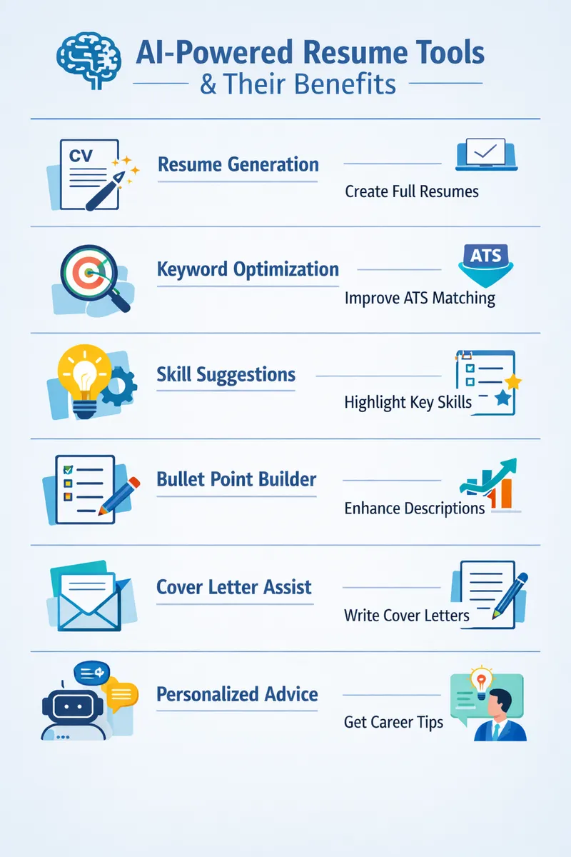 A visual representation of the most common AI-powered features in resume writing tools and their benefits