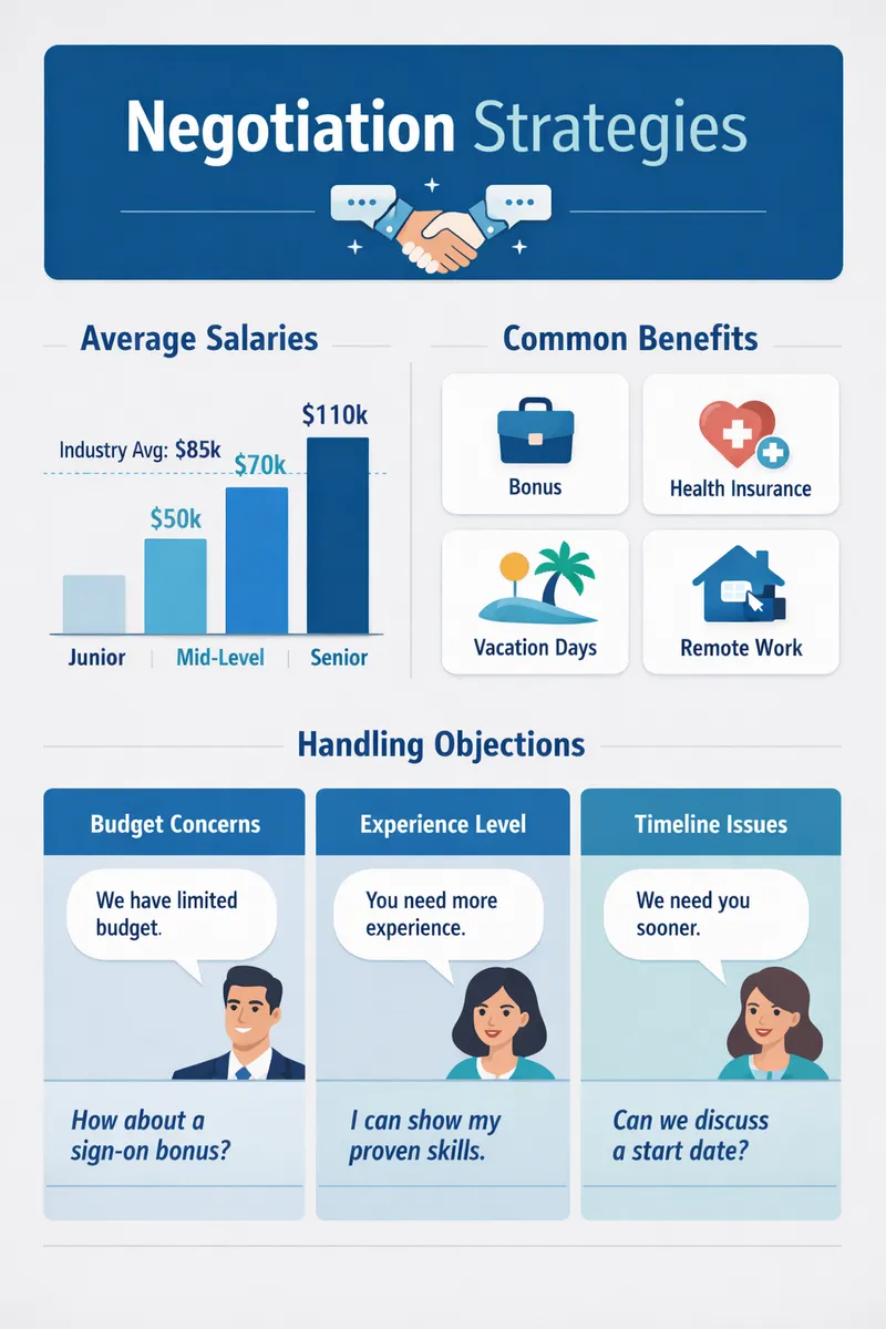Visual overview of negotiation strategies highlighting data points like average salaries, common benefits offered, and responses to typical objections.