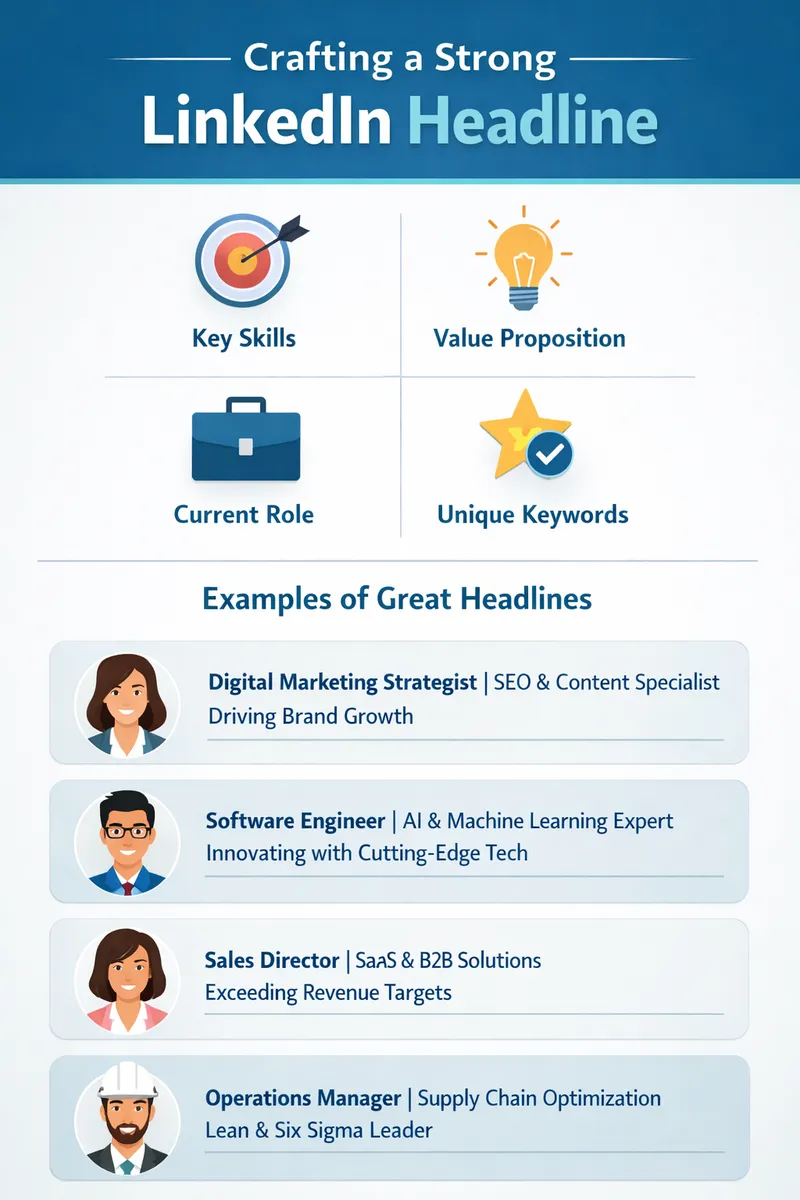 A visual detailing key elements of a strong LinkedIn headline and examples of successful headlines across industries
