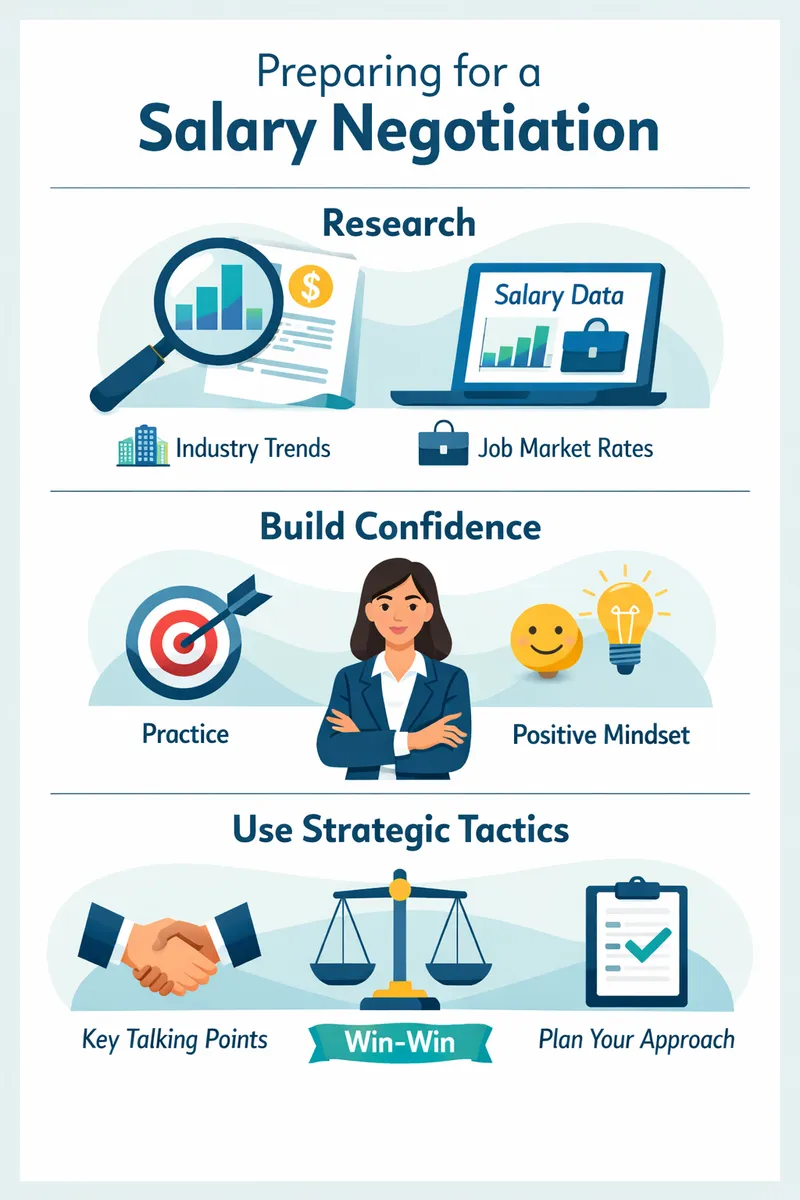 A visual representing the steps in preparing for a salary negotiation including research, confidence building, and strategic tactics